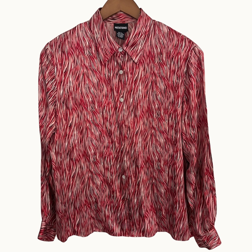 Notations 100% Silk Blouse Red Cream Geometric Wavy Striped Button Down L Vtg.